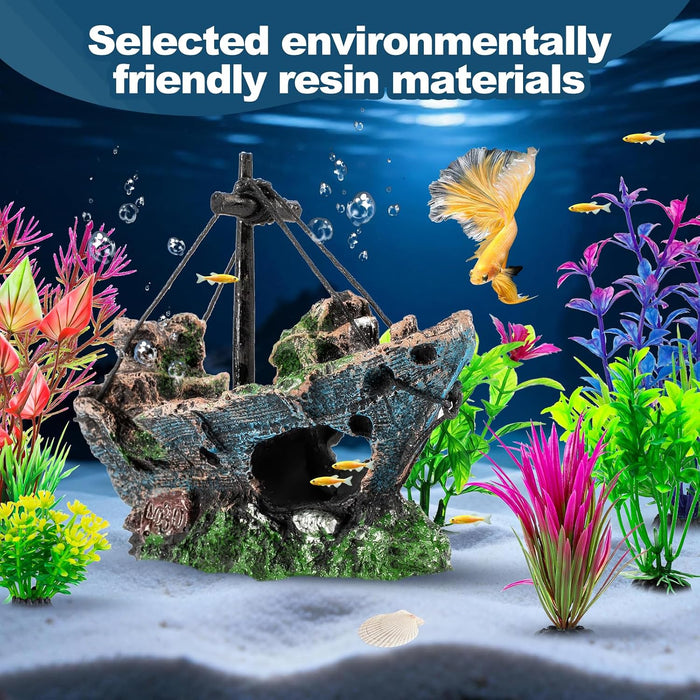 8Pcs Fish Tank Decorations Set Sunken Ship Decoration,Resin Material Fish Tank Accessories Accessories for Natural Look,