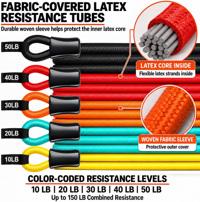 Resistance Bands with Handles, 150 LBS Stackable Heavy Duty Resistance Tubes, 11-Piece Home Gym Exercise Set with Door A