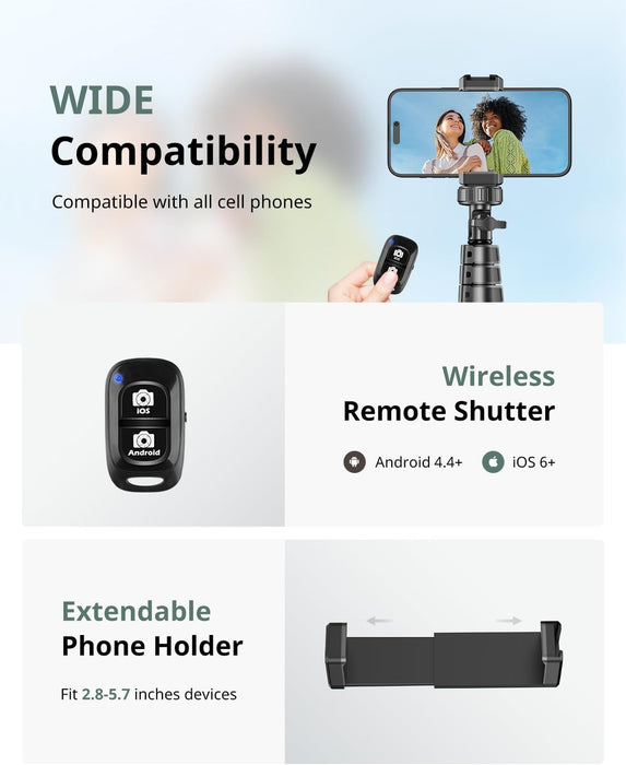 62" Phone Tripod, Extendable Selfie Stick with Wireless Remote