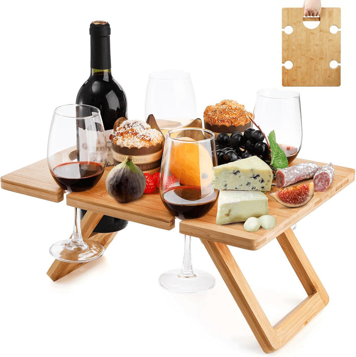Portable Wine Picnic Table with 5 Wine Glasses Holder, Foldable Champagne Picnic Snack Table, Wine and Cheese Table for Picnic, Camping, Park, Beach, Wine Lover Gift