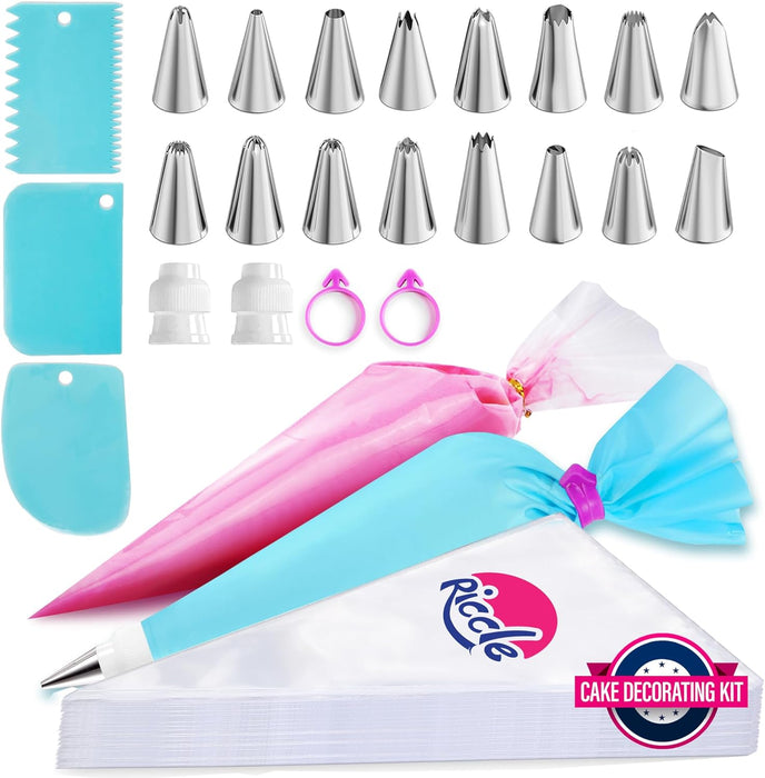Piping Bags and Tips Set, 11.8 Inch 100 Anti Burst Piping Bags, 124 Pcs Cake Decorating Kit with 16 Piping Tips, 1 Reusa