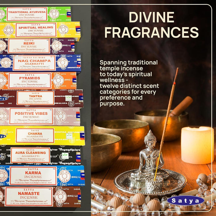 Set of 12 Nag Champa Namaste Positive Vibes Tantra Buddha Blessing Aura Cleansing Chakra Pyramids Reiki Karma Spiritual Healing Traditional Ayurveda