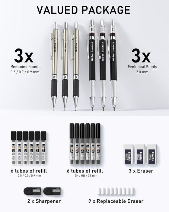 6PCS Art Mechanical Pencil Set, 0.5/0.7/0.9/2mm Point