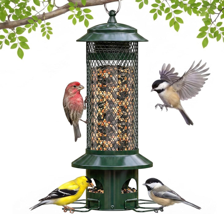 Squirrel Proof Bird Feeders for Outdoors - 4 Port Hanging Metal Bird Feeder with Gravity Spring, Upgraded Metal Hanging 