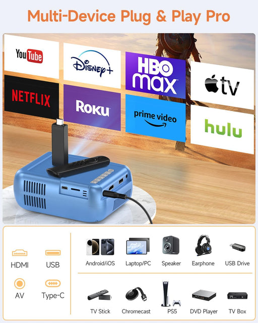 Mini Projector with WiFi and Bluetooth, Portable Movie Projector for iPhone, 1080P Support, Built-in Speaker, Small Proy
