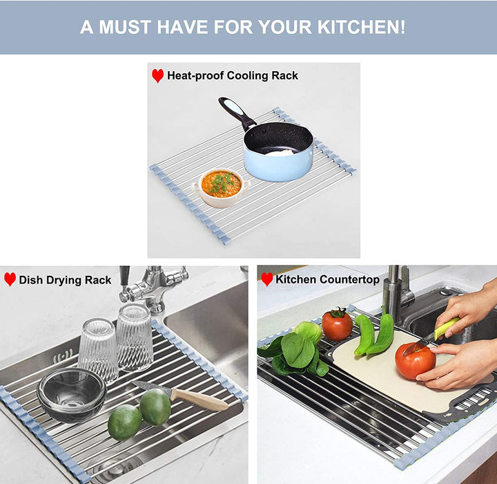 Over The Sink Dish Drying Rack, Roll Up Dish Drying Rack Kitchen Dish Rack Stainless Steel Sink Drying Rack, Foldable Di