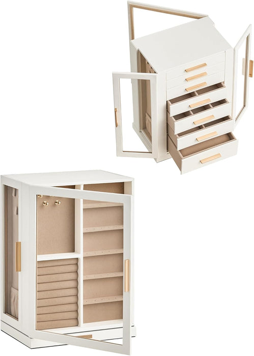 360° Rotating Jewelry Box with 7 Drawers, Spacious Vertical Jewelry Organizer with Glass Window, Jewelry Storage Case, Dustproof & Moisture-resistant Design, White