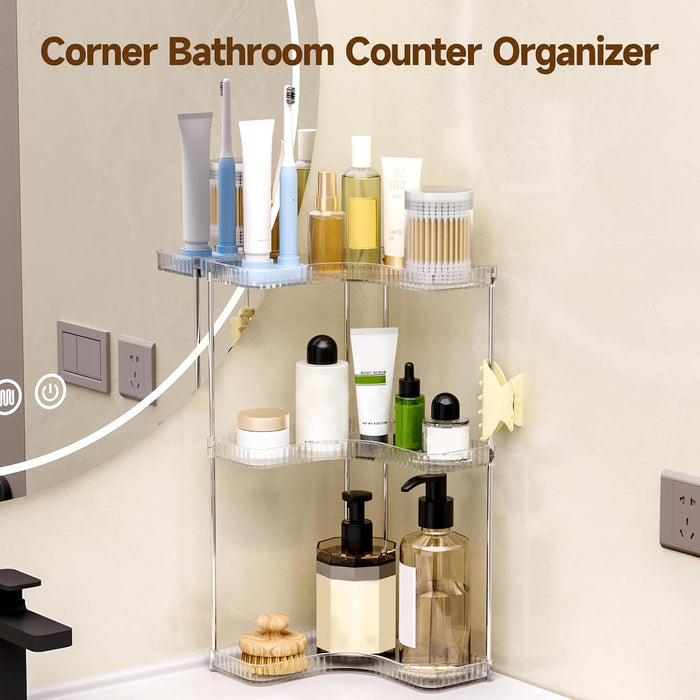 Corner Makeup Counter Organizers, 3-Tier Bathroom Corner Shelf, Clear