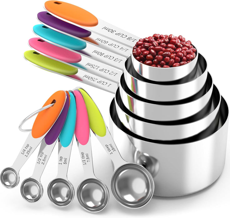 Nesting Measuring Cups and Spoons Set, Stainless Steel with Soft Silicone Handle – Heavy Duty & Dishwasher Safe for Meas