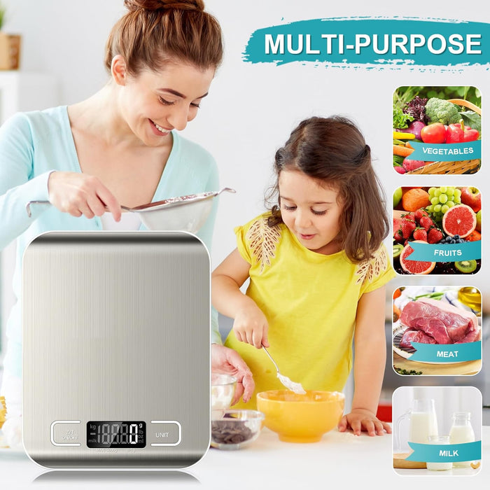 Food Scale, 11lb Kitchen Scale with 6 Units Tare Function & LCD Display, 0.05oz/1g Stainless Steel Digital Food Scale Gr