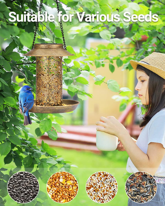 Solar Bird Feeder for Outdoors Hanging, Metal Wild Bird Feeder for Cardinals Solar Garden Lantern with S Hook as Gift fo