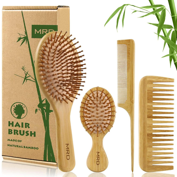 Hair Brush Set, Natural Bamboo Comb Paddle Detangling Hairbrush, Wide-tooth and tail comb No Bristle, suit for Women Men