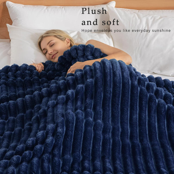 Striped Fleece Throw Blanket for Couch, Sofa, Navy Blue