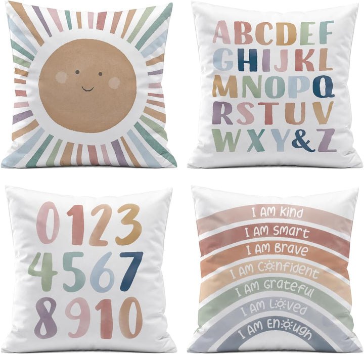 Kids Playroom Decor,Boho Sun Alphabet Throw Pillow Covers,Kids Reading Nook Decor Pillowcase for Classroom Playroom Nurs