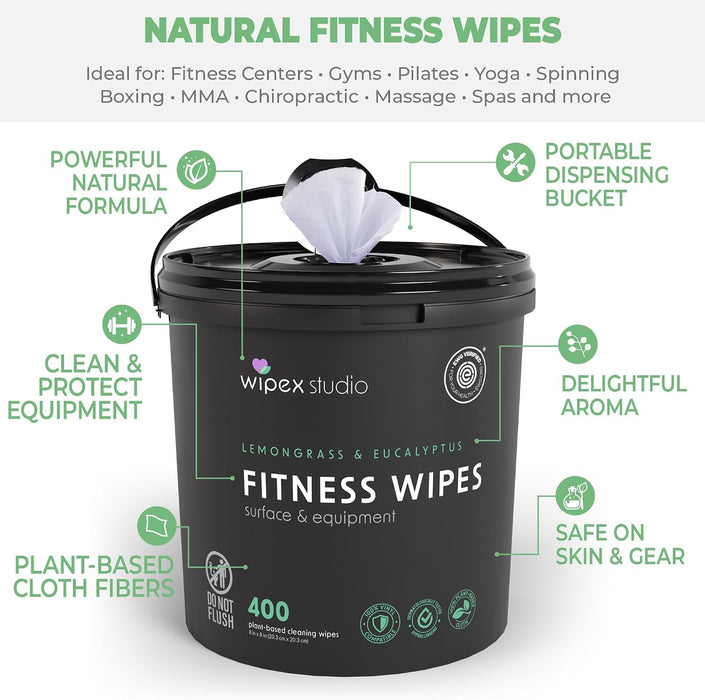 Yoga Mat Cleaner Wipes, EWG Verified, 400 Ct Plant-Based Lemongrass, Eucalyptus & Vinegar Wipes for Gym & Fitness Equipm