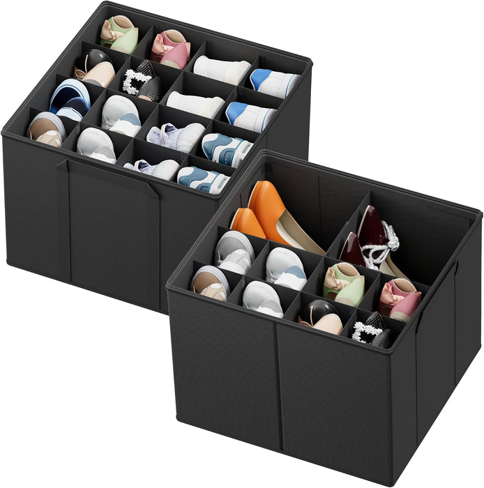Shoe Organizer for Closet, 2 Pack Foldable Shoe Storage Containers Baskets Boxes Bins w/Adjustable Dividers, Fits 16-32 Pairs, Black