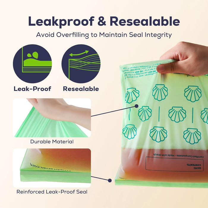100% Compostable Food Storage Bags Set, Resealable Bags Plant-Based Freezer Bag for Food, ASTM D6400, US BPI & EU OK Compost Certified