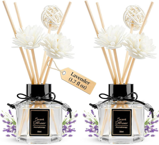 2PCS Lavender Reed Diffuser Set 1.7 fl oz with 6 Scent Sticks, Calming Essential Oil Diffuser Sticks for Home, Relaxing 