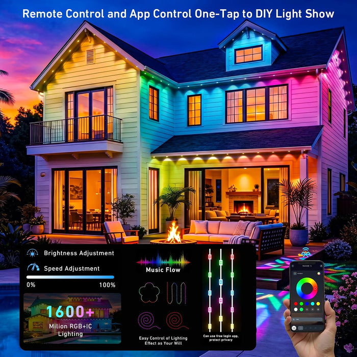 150FT Permanent Outdoor Lights, IP67 Waterproof Smart RGB+IC Wall-Washing Eaves Lights with App & Voice Control, Millions of Colors, Customizable DIY Scenes for House, Holiday, Patio
