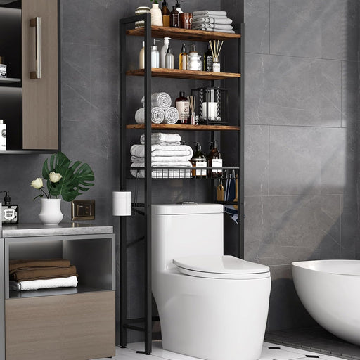 Over-The-Toilet Storage Rack, 4-Tier Bathroom Organizer Shelf Over Toilet with Adjustable Shelf and Basket, Freestanding