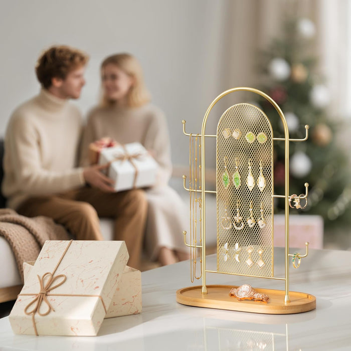 Jewelry Holder Organizer Earring Display - Earring Storage Tree Stands Towers With 6 Hooks 300 Studs Wood Tray Gold Metal Rack