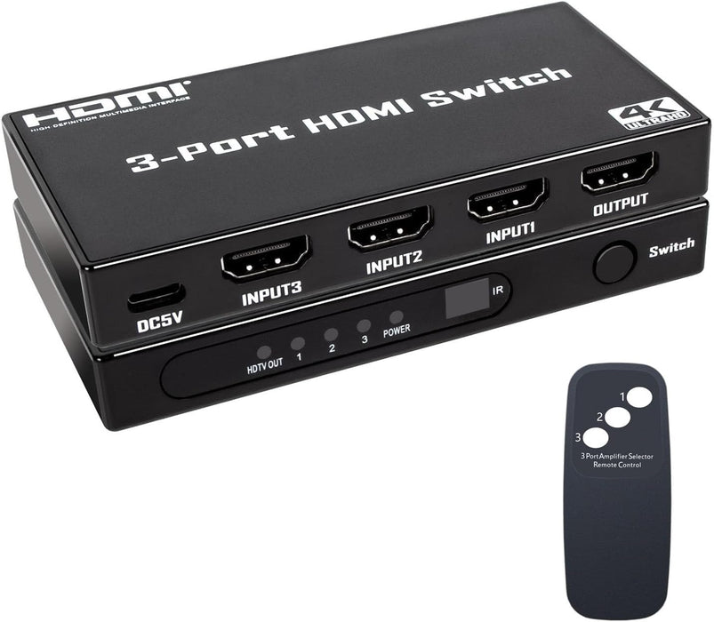 HDMI Switch 3 in 1 Out: 4K@30Hz Ultra HD HDMI Selector with Remote Control, High-Speed 10.2Gbps Transmission, Compatible with PS5, Xbox, Blu-ray, PC, and TV – Plug and Play
