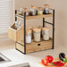 2-Tier Bathroom Counter Organizer, Wooden Vanity Shelf with Drawer & Basket