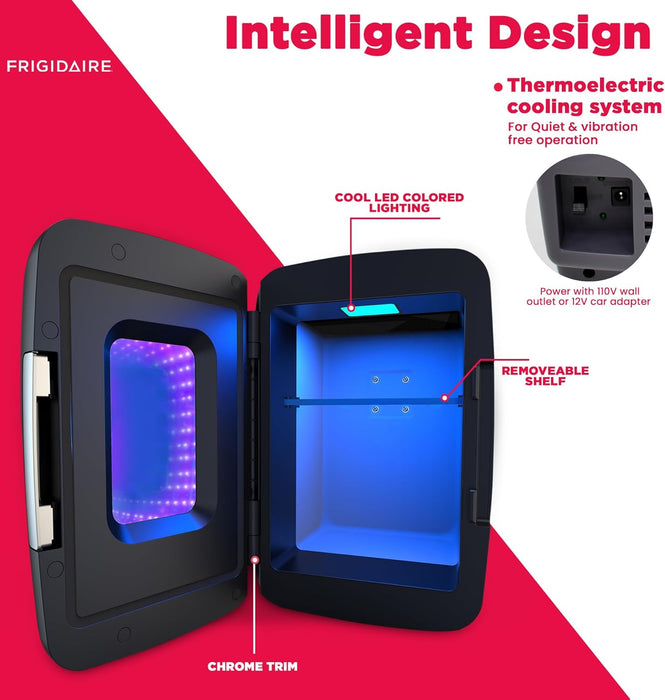 Frigidaire Gaming Light Up Mini Beverage Refrigerator, 6 can, 4 liters, Cooler with large see through door and LED light