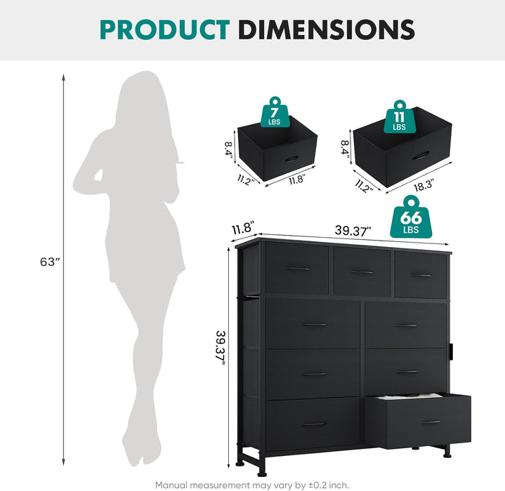 9 Drawer Black Dresser for Bedroom, Closet Organizer Storage Tower