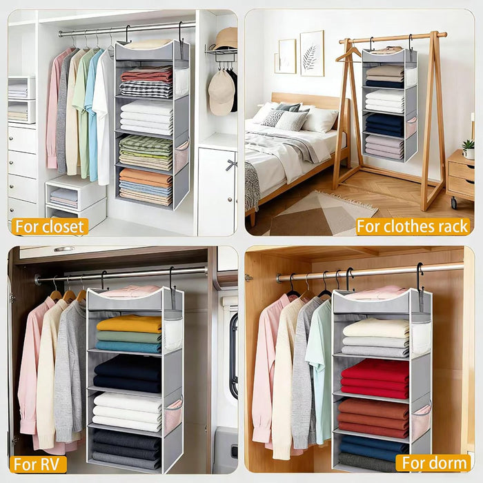 4-Shelf Hanging Closet Organizer and Storage with Side Pockets, Collapsible Closet Hanging Shelves for Storage, Grey