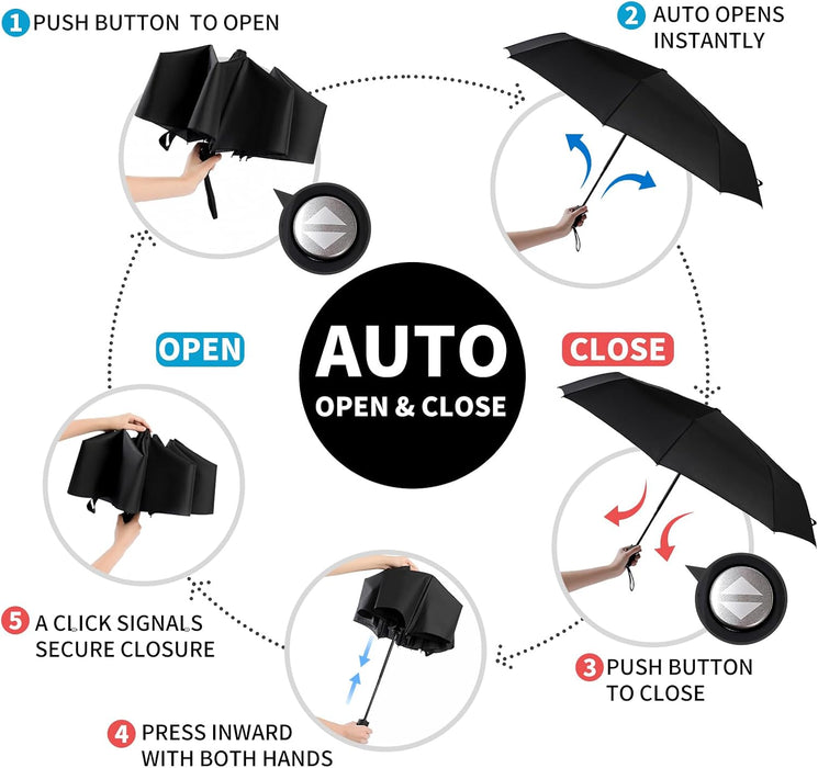 Windproof Travel Umbrella, Auto Open Close Lightweight Compact Portable Backpack Folding Umbrella, Perfect for Car, Purs