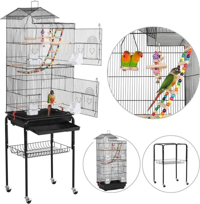 Bird Cage 64'' Medium Small Parrot Parakeet Bird Cages with Detachable Rolling Stand for Parrot Lovebirds Finches Parakeets Budgie Parrotlet Conures, Pet Flight Birdcage