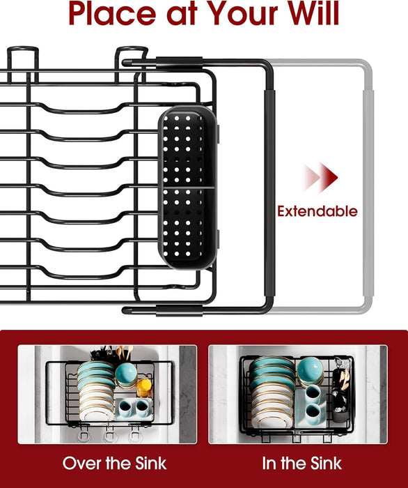 Dish Drying Rack in Sink - Expandable Stainless Steel Dish Rack Over the Sink, Kitchen Sink Drain Strainer with Cutlery 