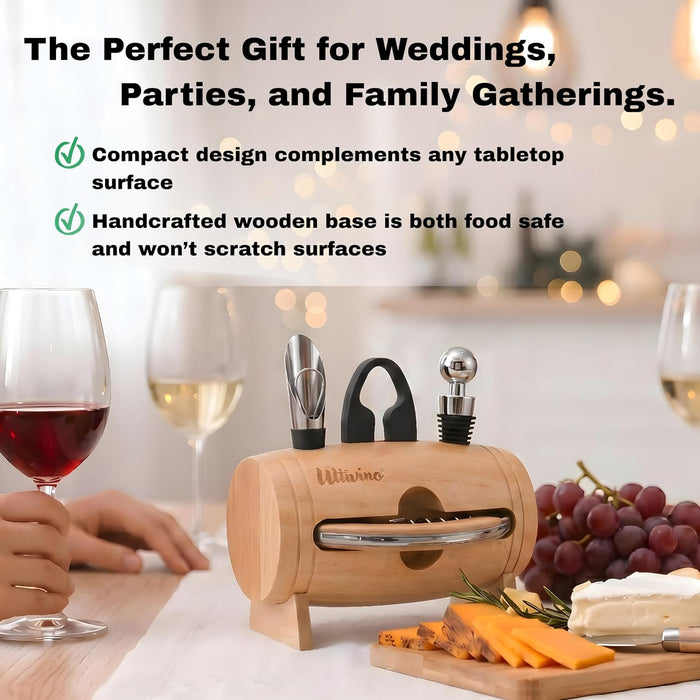 4-in-1 Cask Shaped Wine Essentials Gift Set with Wood Bottle Opener, Wine Pourer, Foil Cutter, and Wine Stopper with Han