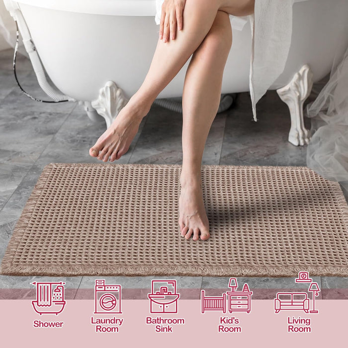 Tan Waffle Bath Mat,Super Absorbent Non Slip Bathroom Rug,Brown 17x24inch,Machine Washable Ultra Soft Floor Mats