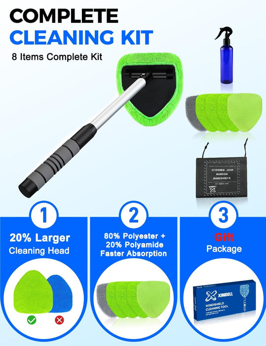 XINDELL Interior Windshield Cleaner Tool – Car Interior Window Cleaning Kit with Extendable Handle & 4 Microfiber Pads, 