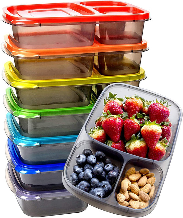 7 Pack Bento Lunch Box, Meal Prep Containers, Reusable 3 Compartment Plastic Divided Food Storage Container Boxes