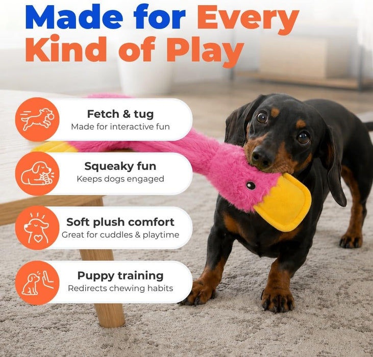 Interactive Squeaky Dog Toy - Crinkle Duck, Pink