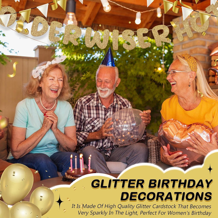 Older Wiser Hotter Banner Birthday sign, Champaign Gold