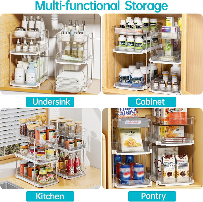 2 Sets of 3-Tier Bathroom Under Sink Organizers and Storage, Multi-Purpose Stackable Pantry Organization and Storage, Pu