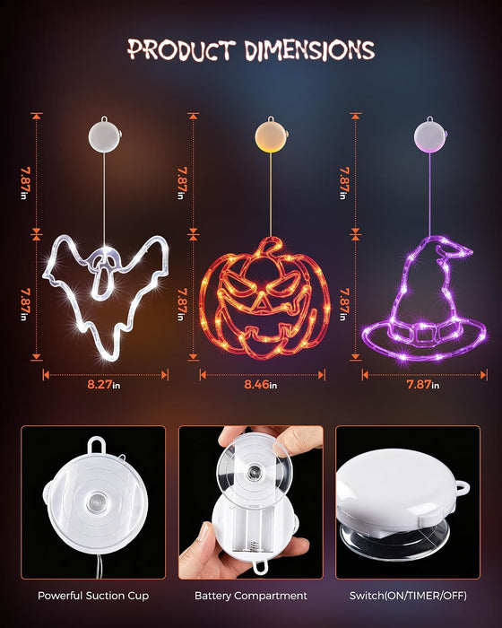 3 Pack Halloween Windows Lights - Pumpkin, Ghost, Hat with Timer