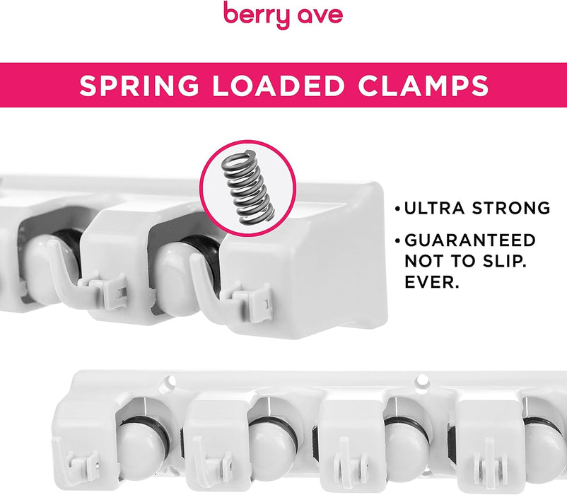 Broom Holder Wall Mount, Mop and Broom Organizer – Wall Mounted Broom Rack & Mop Rack, Rack for Brooms and Mops | Broom Hanger Wall Mount with 5 Slots & 6 Hooks, Kitchen Garage Laundry Garden (White)