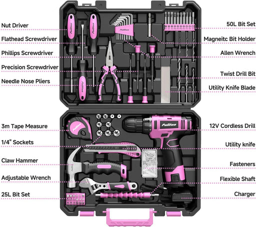 Drill Set, 149-Piece Home Tool Set with 12V Pink Cordless Drill, Tool Box, Hand Tool Kits for Women & Men and DIY Enthus