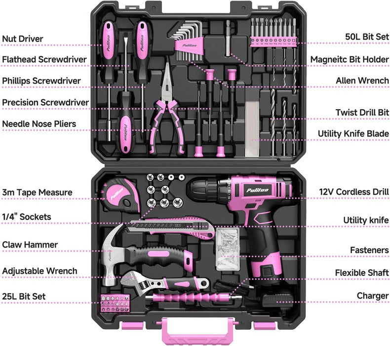 Drill Set, 149-Piece Home Tool Set with 12V Pink Cordless Drill, Tool Box, Hand Tool Kits for Women & Men and DIY Enthus