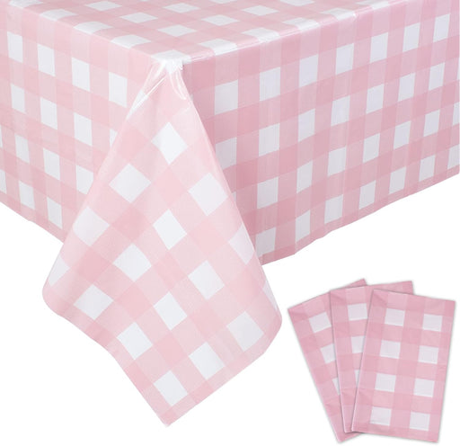 3 Packs Pink Gingham Tablecloth Pink and White Checkered Tablecloths 54 x 108 Inches Disposable Plastic Gingham Tablecov