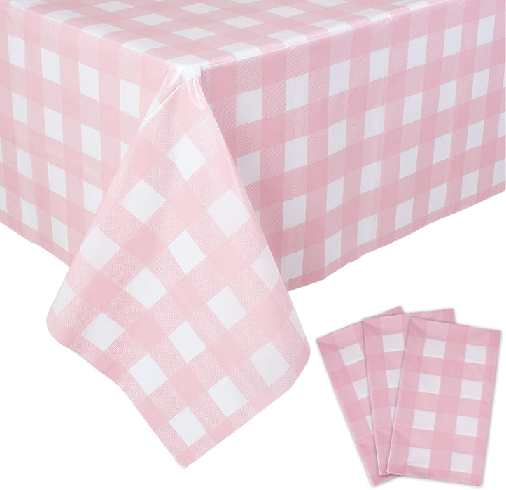3 Packs Pink Gingham Tablecloth Pink and White Checkered Tablecloths 54 x 108 Inches Disposable Plastic Gingham Tablecov