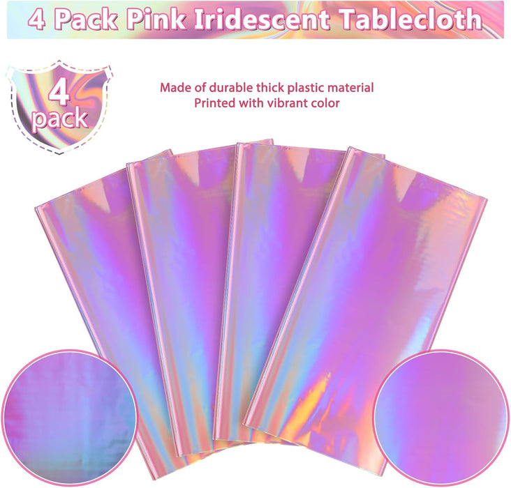 4 Pack Iridescent Pink Plastic Tablecloths,  Shiny Disposable Laser Rectangle Table Covers, Holographic Foil Tablecloth Iridescent Party Decorations for Kpop Birthday Wedding Xmas, 54x108Inch