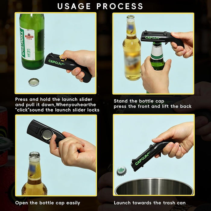 Cap Gun Bottle Opener, 2 Pack Bottle Cap Launcher Shooting Gun, Funny Party Opener for Men, Cool Gadget Present for Him - Black & Gray