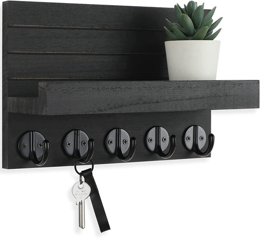 Key Holder for Wall, Decorative Key and Mail Holder with Shelf Has Large Hooks for Bags, Coats, Umbrella – Paulownia Woo