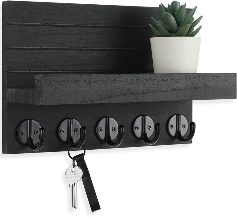 Key Holder for Wall, Decorative Key and Mail Holder with Shelf Has Large Hooks for Bags, Coats, Umbrella – Paulownia Woo